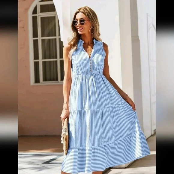 Striped Print Notched Neck A-line Dress - Picture 5 of 6